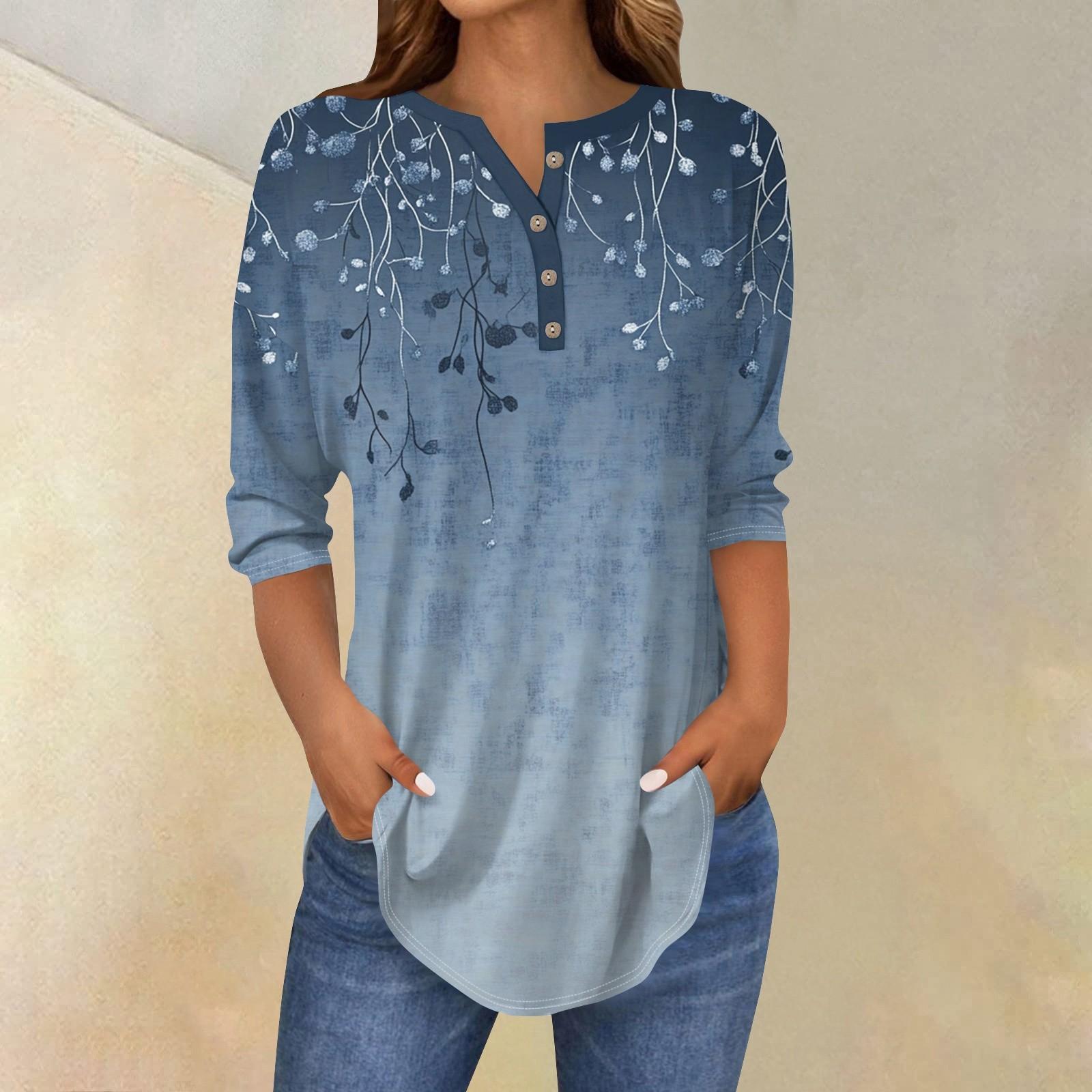 

Рубашки с рукавом 3/4 для женщин, модные, повседневные, с круглым вырезом, с принтом, футболка, топ M тёмно-синий