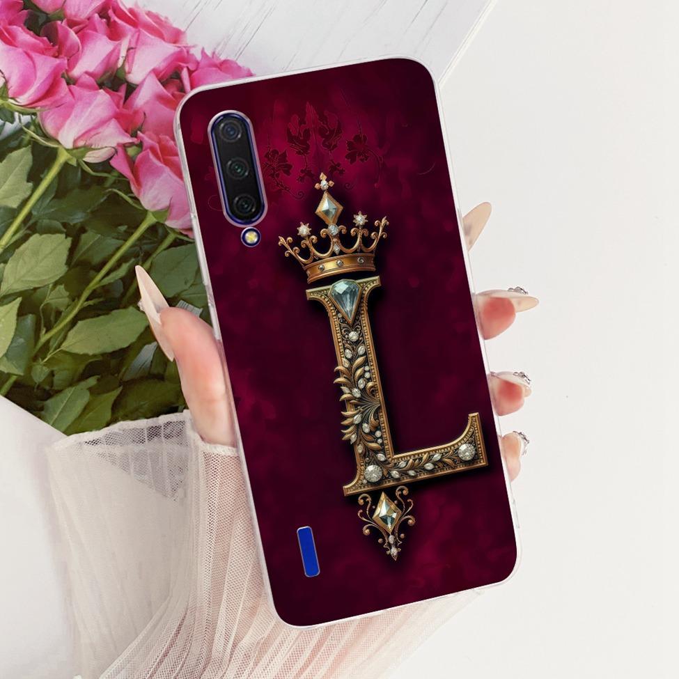 Transparent For Xiaomi Mi A3 Case Cover Luxury Crown A-Z Letters 2D Flat Pattern Soft Phone Case M1906F9SI M1906F9SH