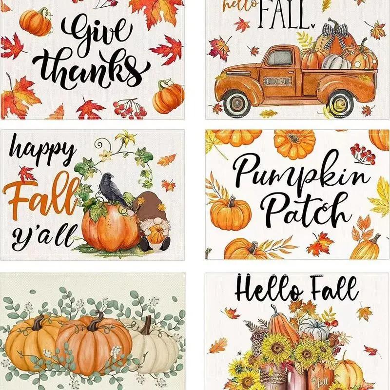 1PC Fall Pumpkin Placemats for Dining Table Autumn Thanksgiving Seasonal Holiday Decoration Rustic Washable Table Mats