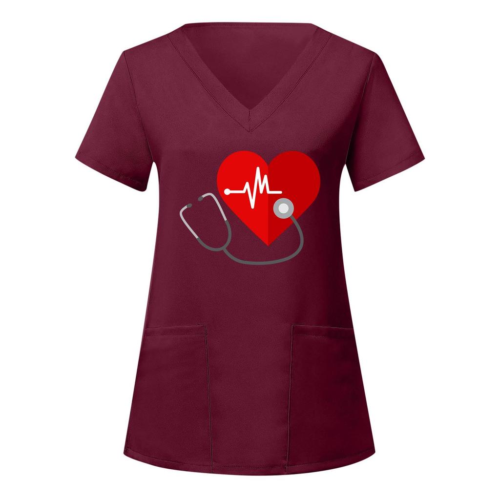 European and American Nurse Caregiver V-Neck Print Shirt with Large Pocket, Short Sleeve T-shirt for Women