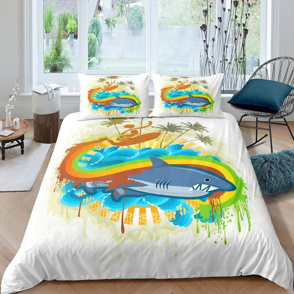 Cartoon Hai Königin Bettbezug Blaues Ozean Tier Thema Bettwäsche Set Für Kinder Jungen Mädchen Meeresleben 2/3tlg. Weicher Bettdeckenbezug