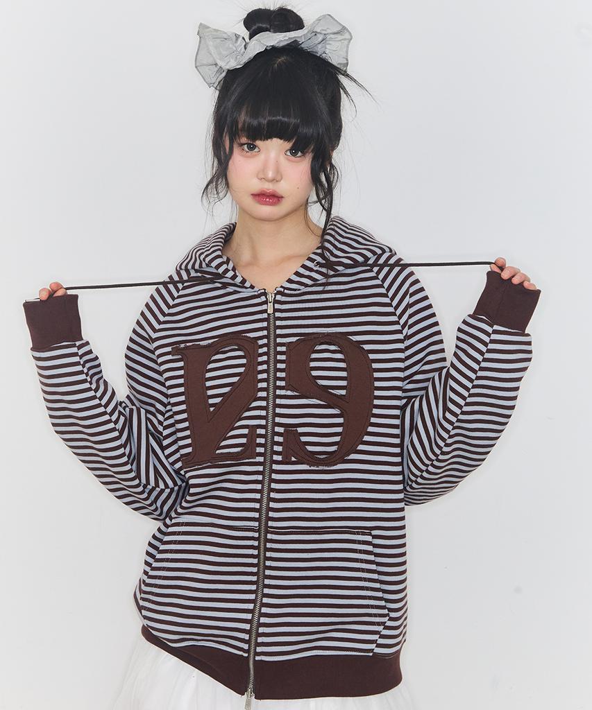 Illigo 129 Logo Patch Zip-Up Hoodie Striped Brown