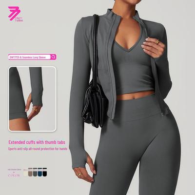 Veste de yoga à manches longues et col montant pour femme, séchage rapide, fermeture éclair, 7725 - Coupe européenne et américaine, haut de sport de plein air.
