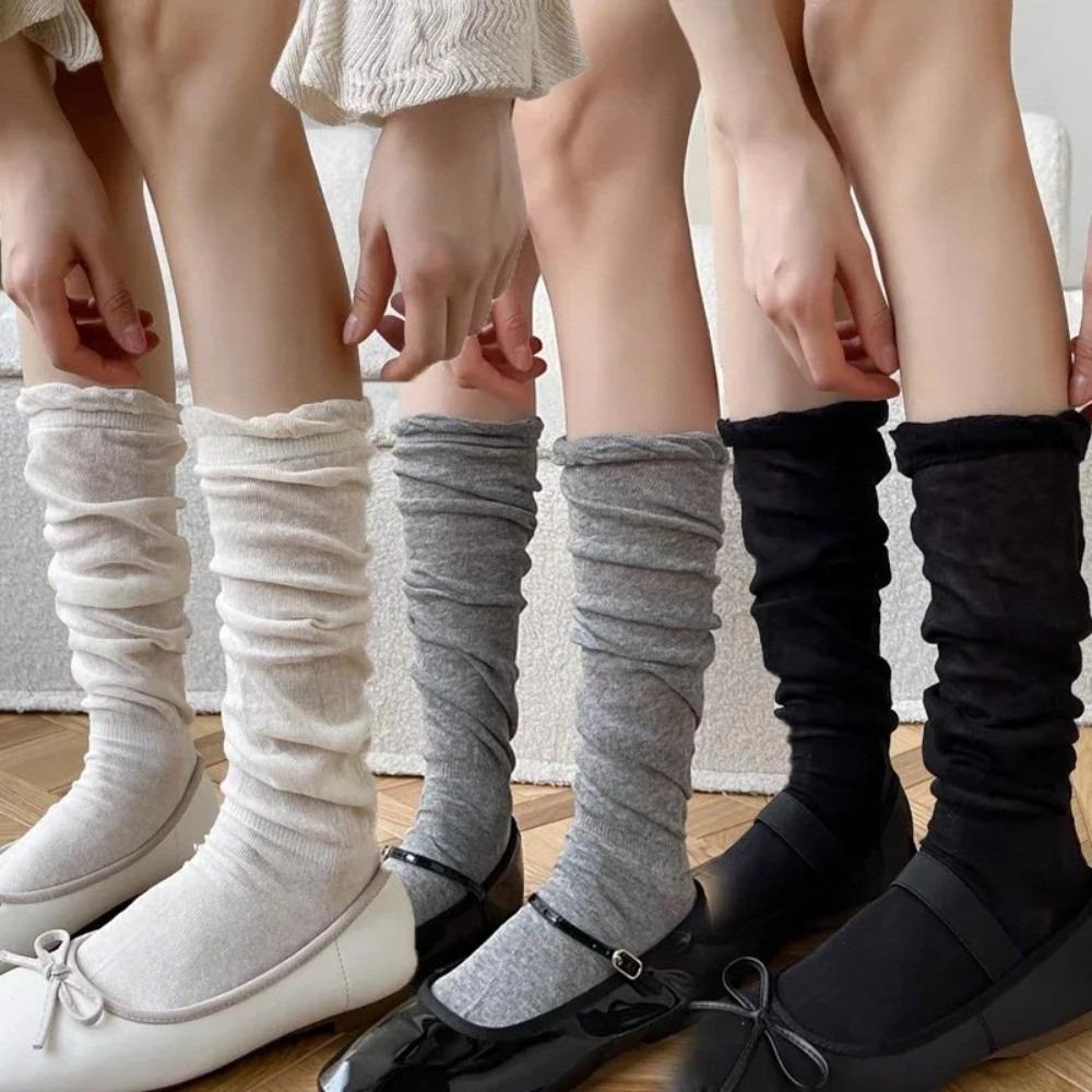 1 Pair Sweet Solid Color Thigh High Stockings Loose Breathable JK Socks Thin Bubble Toe Design Lolita Socks for Women