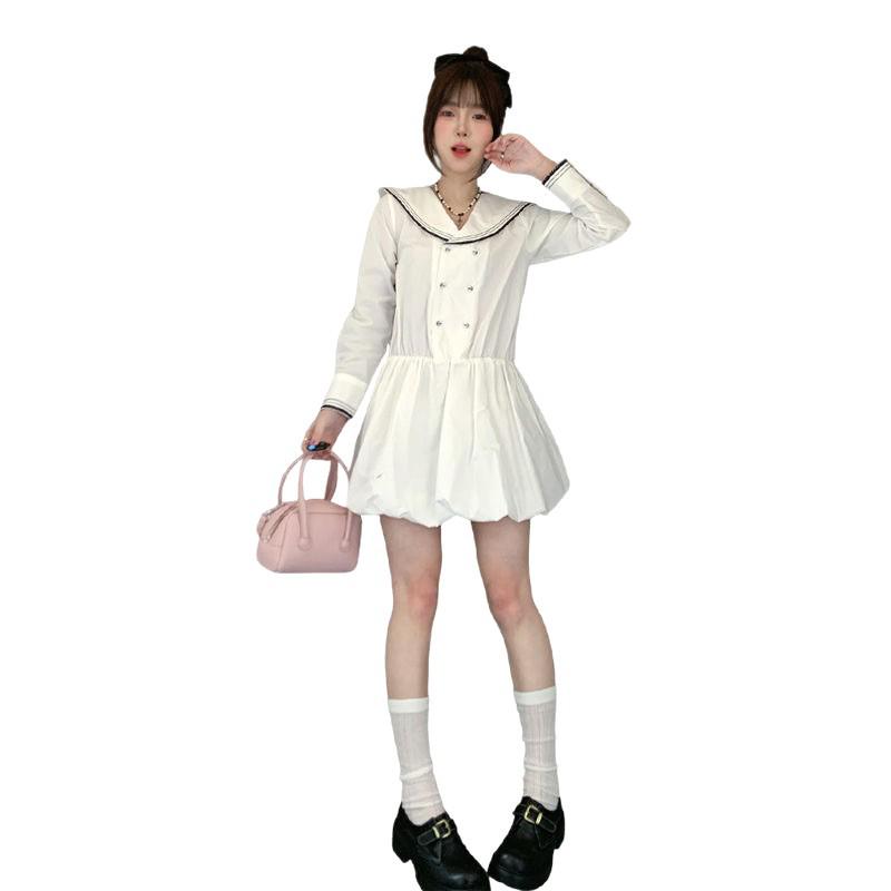 Women's White Retro French Navy Collar Long Sleeve Dress with Slimming Waist-Cinched Short Skirt for Autumn 2026.