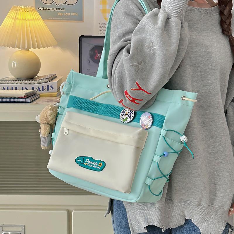 Student Class Shoulder Bag Girls Nylon Bag Color Contrast Large Capacity Tote Bag