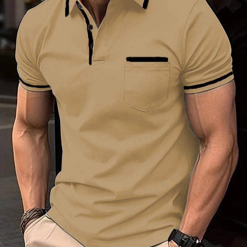 Men Casual Color Block Pocket Lapel Short Sleeve Polo Shirt