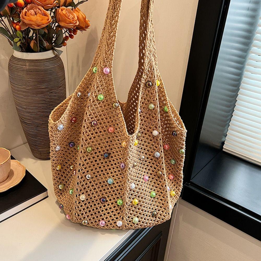 Casual Boho Crochet Beach Tote Bag Hollow with Colored Beads Knitted Bag Handmade Large Capacity Tote Bag