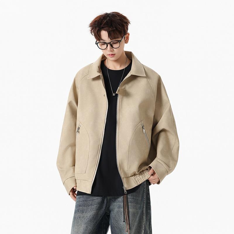 Loose men's leather jacket spring and autumn pu leather lapel xl large size trendy brand American retro casual leather jacket men