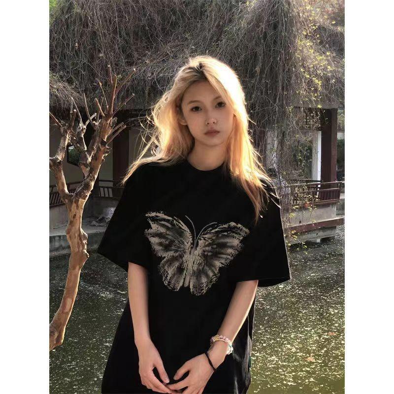 European Short-sleeved Shirt New Summer Medium and Long Loose Lower Body Missing Round Neck Short-sleeved Casual Shirt Women