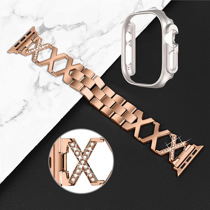 For Apple Watch Ultra 49mm Stainless Steel Watch Band Rhinestone Decor X-shaped Strap Replacement with Hollow Starlight Color PC Watch Case