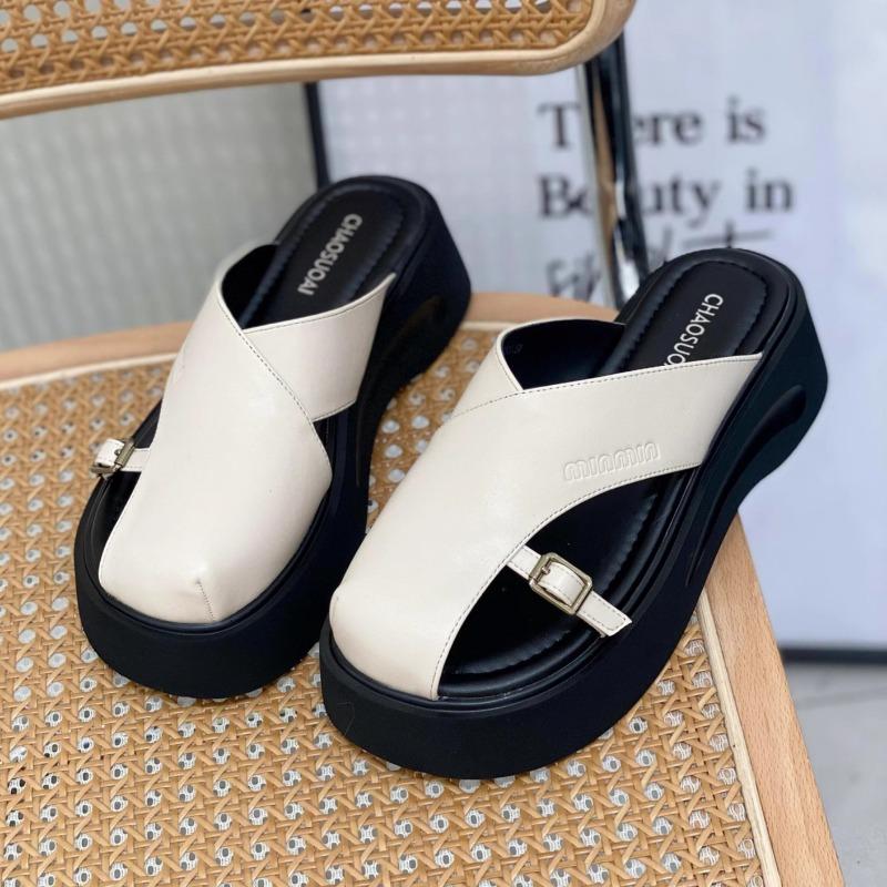 

Fashion Women Platform Slippers Heeled Sandals Mules Shoes 2025 Trend Summer Casual Loafers Shoes Beach Slides Wedges Zapatillas Mujer 35 бежевый