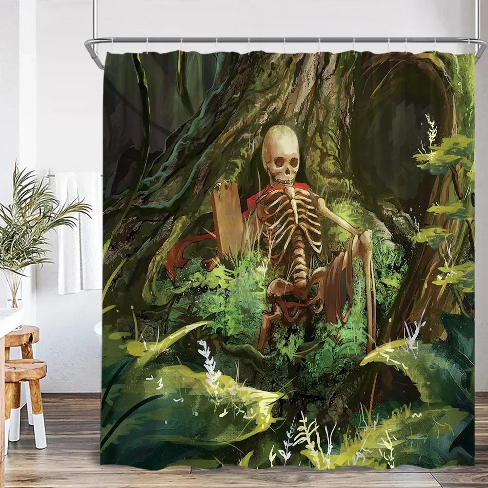 Happy Skull Shower Curtain Halloween Night Party Skull Bathroom Decoration Vintage Polyester Fabric Shower Curtain