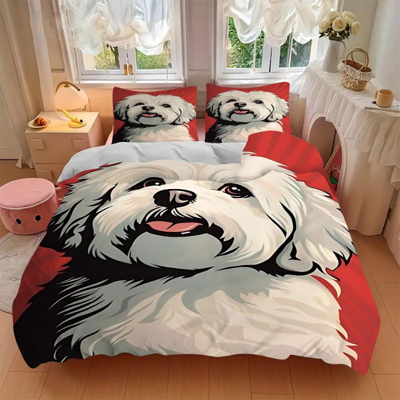 3PCs Maltese Dog Design Cover Set, Breathable Fabric, Machine Washable (1 Duvet Cover + 2 Pillowcases) (Without Quilt) Yy250911171