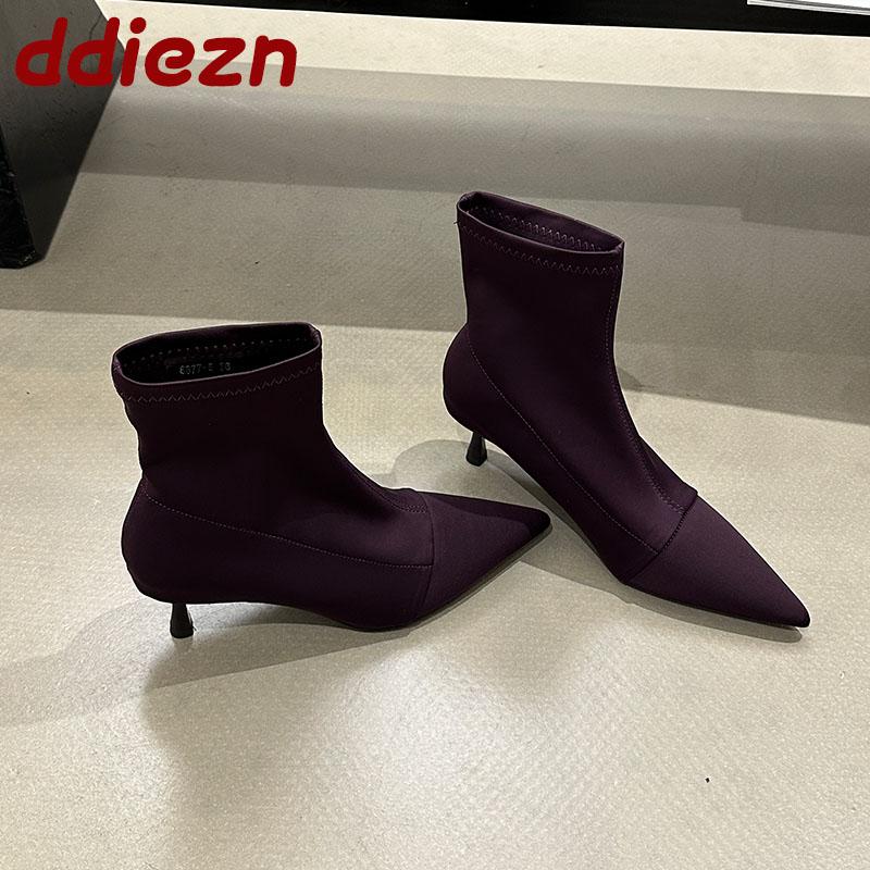 Fashion Fashion Elastic Footwear Heels Ankle Boots Shoes For Women Female Pointed Toe Ladies Short Stretch Boots Slip On Shoes