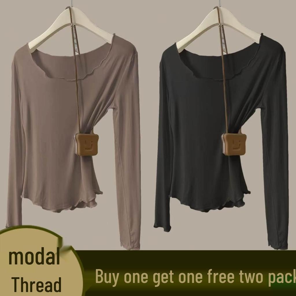 Women's Autumn Modal Ribbed Top: Round Neck, Long Sleeve, Rolled Hem, Base Layer T-Shirt
