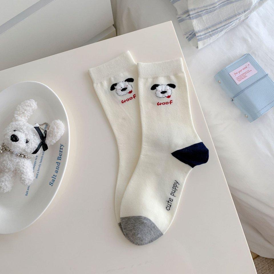 Cute Embroidered Cartoon Flocked Striped Color-blocking Puppy School Style Tubular Women's Socks Boneless Pure Cotton Pile Socks for Autumn and Winter