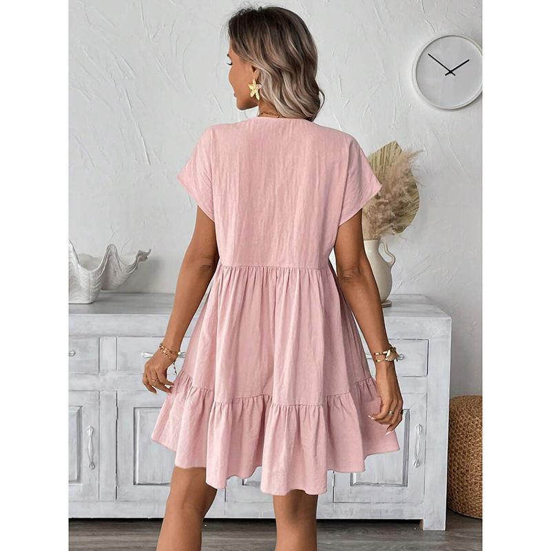 Summer Womens Short Sleeve Cotton Linen Mini Dress Ladies Pleated Ruffle Solid Dresses Casual V Neck Vintage Loose Vestidos