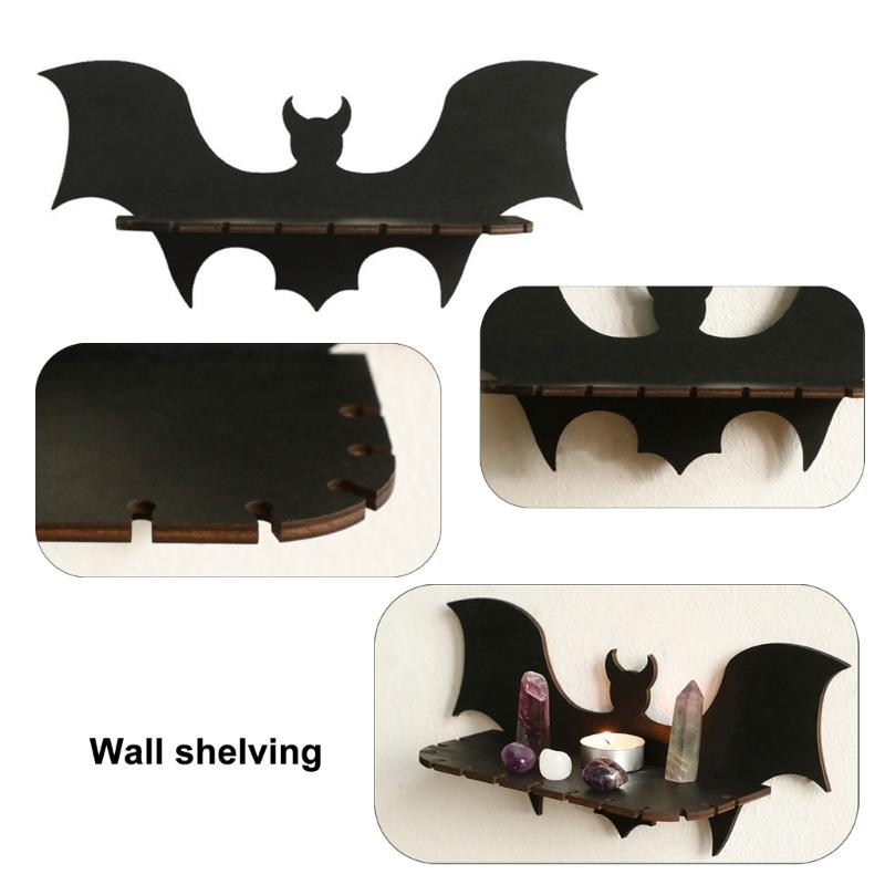 Creative Bat Shape Wood Floating Shelf Jewelry Crystal Display Wall Shelves for Halloween Bedroom Living Room Decoration