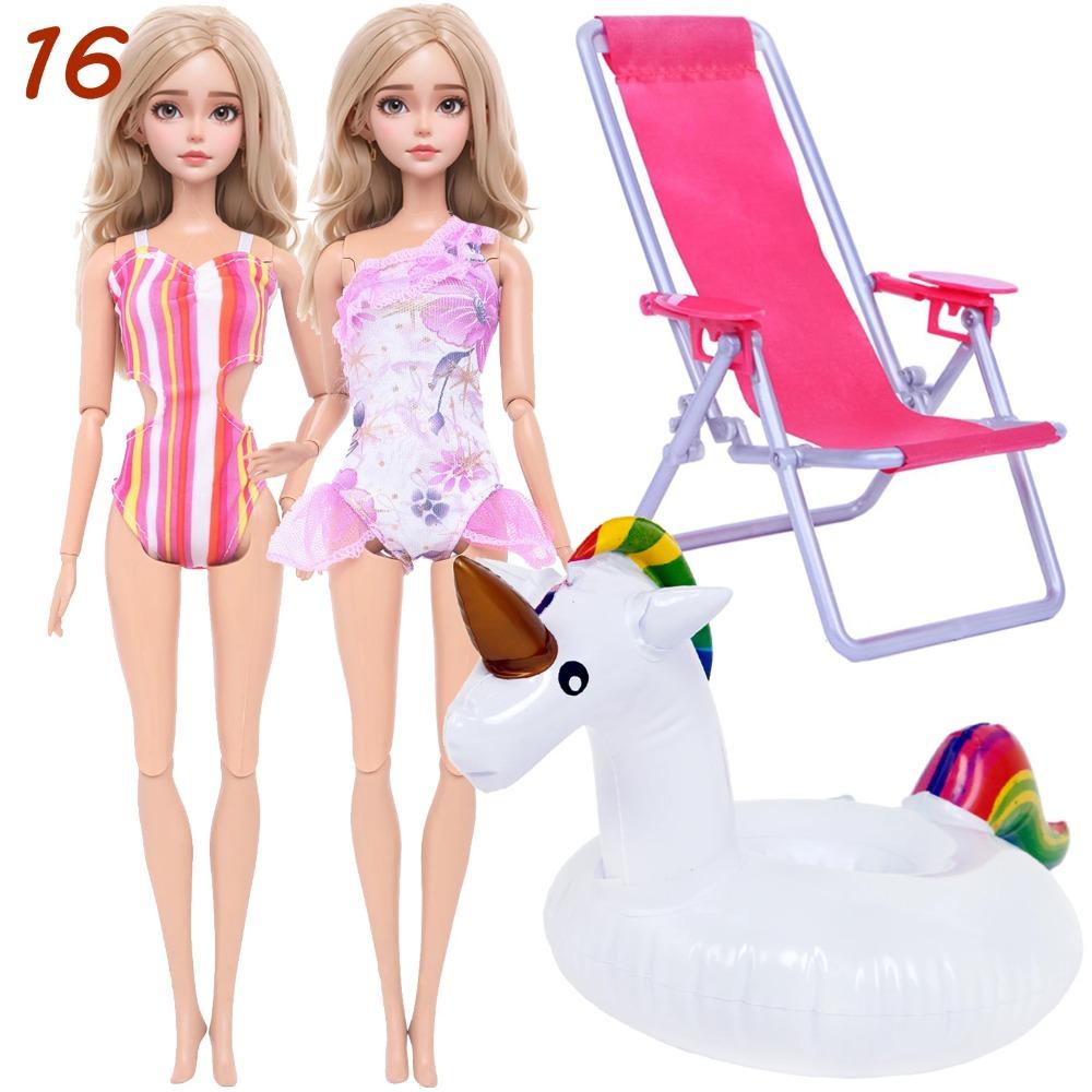 4 Przedmioty Akcesoria do Kostiumów Kąpielowych dla Lalki 2x Kostium Kąpielowy Bikini 1x Leżak Plażowy 1x Nadmuchiwany Koło do Pływania 30CM Ubranka dla Lalki 11,8 Calowa Zabawka Lalka