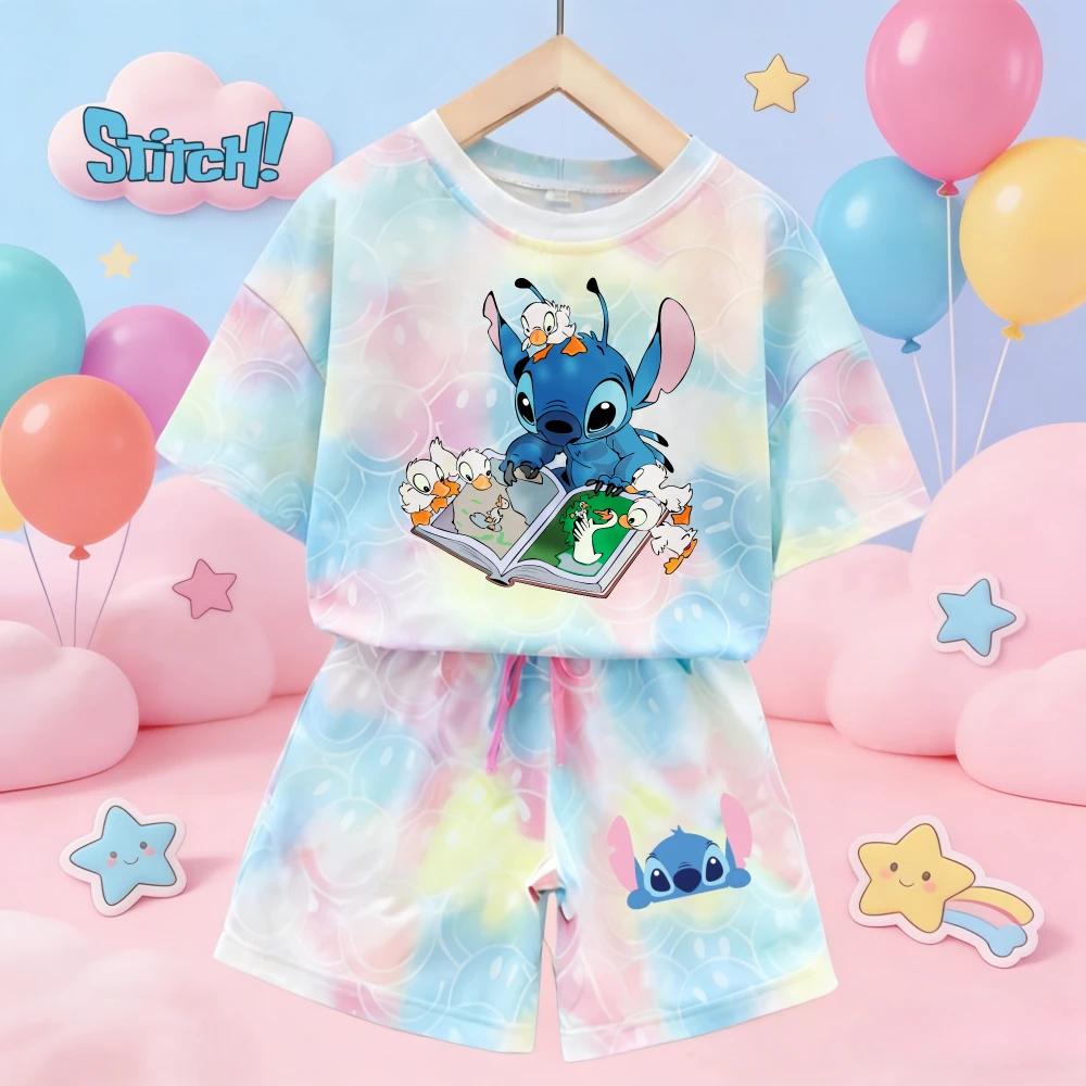 Cute Stitch Print Tie-dye Smile Tees Girl Summer pajamas Kawaii Smile Face Short Sleeve Outfits Short Sleeve T-Shirt and Shorts