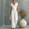 2026 European & American V-Neck Button-Up Solid Color Jumpsuit with Waistband