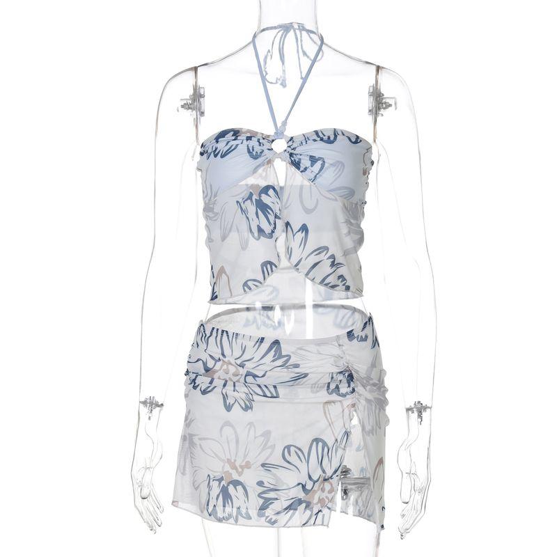 

Gusty Thai Submarine Vacation Sexy Style Two-piece Set Beaded Halter Tube Top Tops + Split Ruched Skirt Blue S