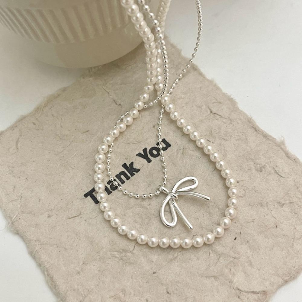 Bowknot Pearl Necklace Round Shape Collarbone Chain Simplicity Jewelry Accessories