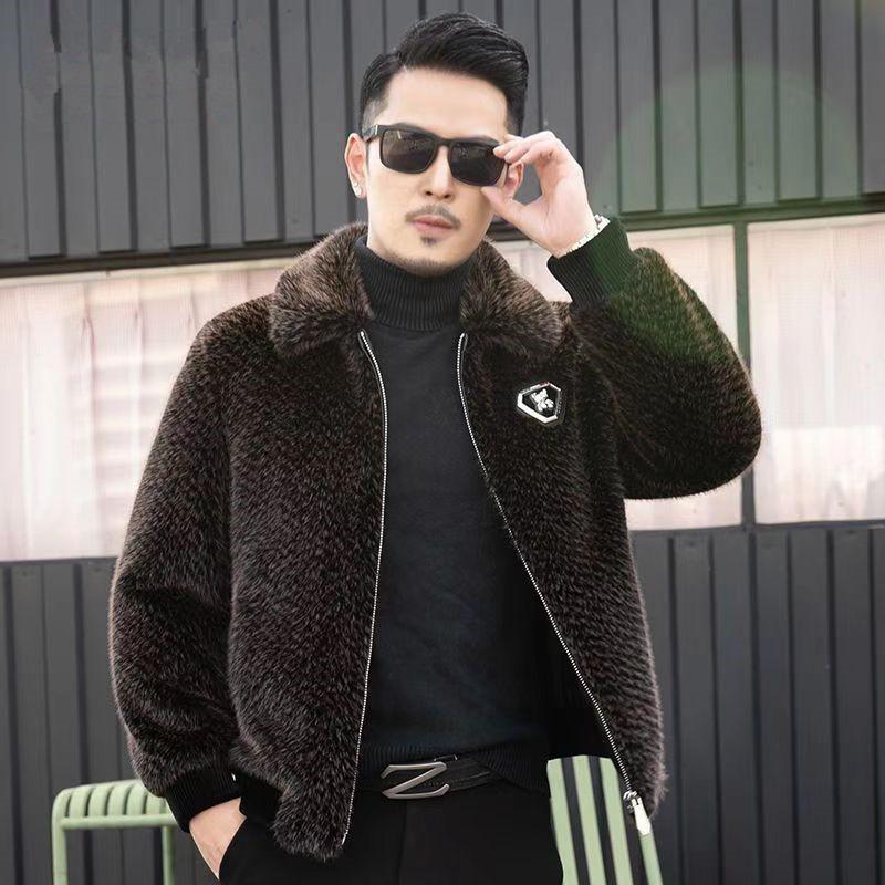 Mens Winter Faux Mink Fur Leather Jacket Coat