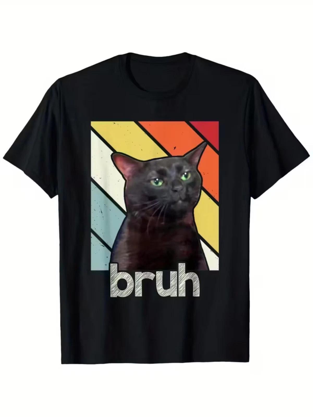 Bruh with Cat Funny Meme Saying T-Shirt for Boys - Soft Fabric, Breathable, Comf S