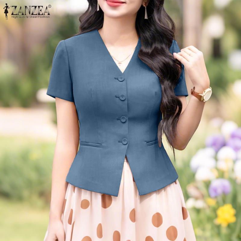 ZANZEA Women Summer V-Neck Short Sleeve Casual Blouse