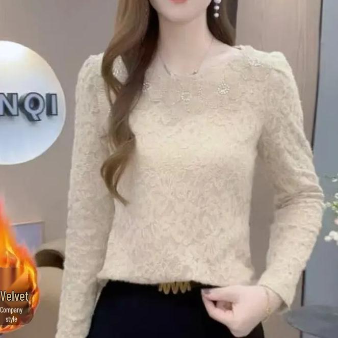 Stylish Slim Fit Fleece-Lined Lace Winter Top with Long Sleeves