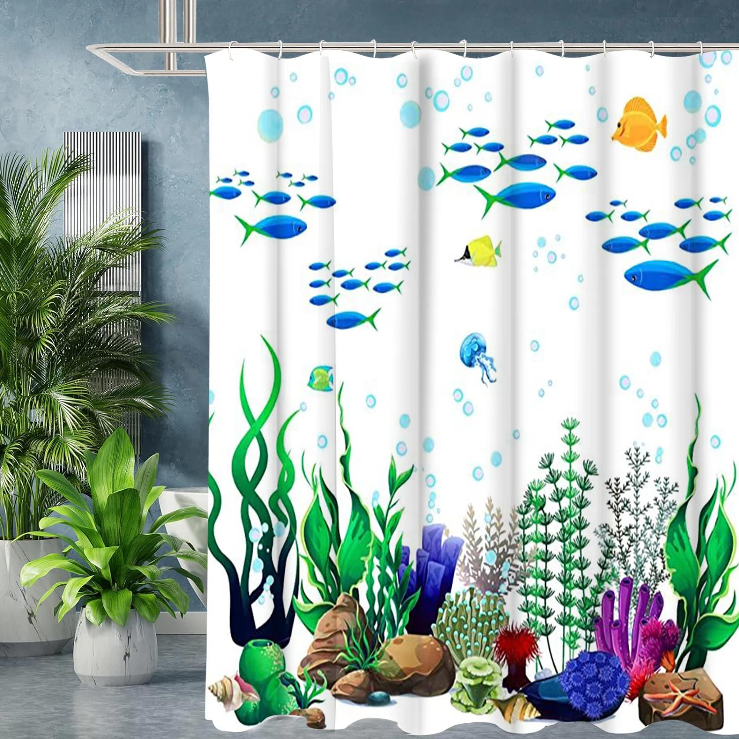 

Sea World aquatic plant fishes Bathing Curtain Bathroom Shower Curtain Waterproof With 12 Hooks Home Deco W90xH180cm