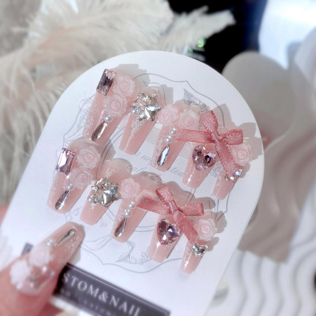 Pink Fake Nails with Rhinestone Decor Sweet & Charming Reusable False Nails for Shopping Traveling Dating