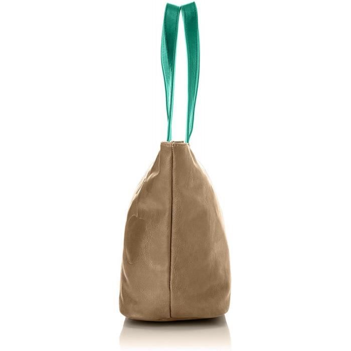 Sac Cabas - Le Temps des Cerises - Elegance 2 - Mastic/Vert Clair - 100% Polyuréthane - Zippée