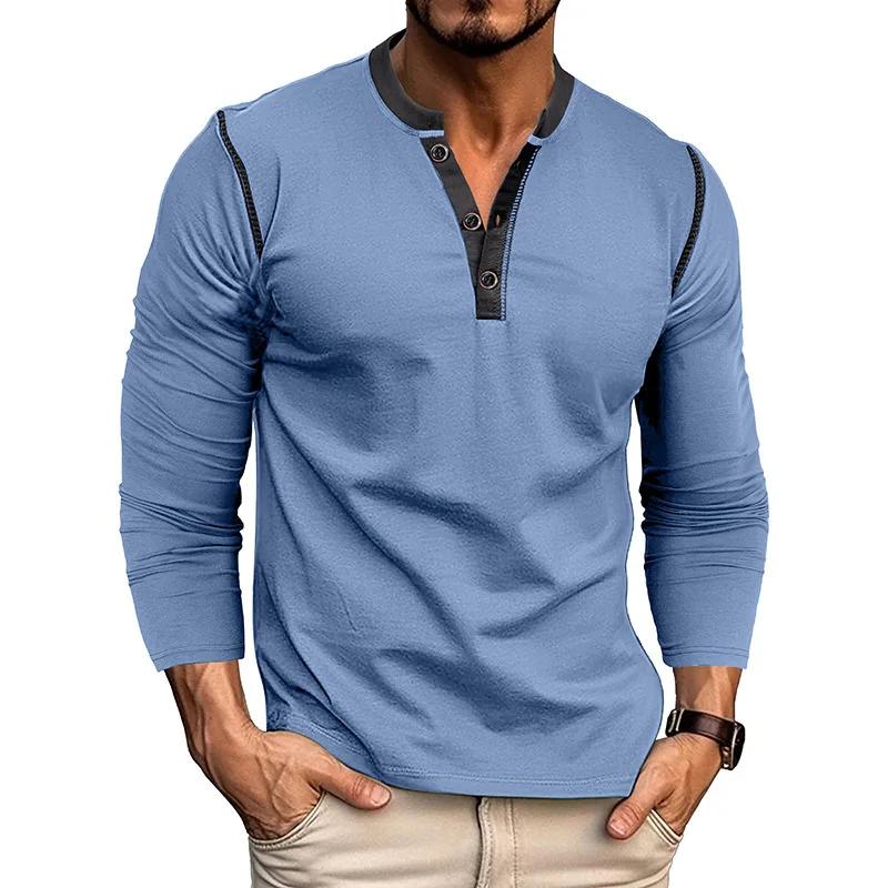 Herren T-Shirts Lässig Herbst Langarm Henry Shirt für Männer Retro Einfarbiges T-Shirt