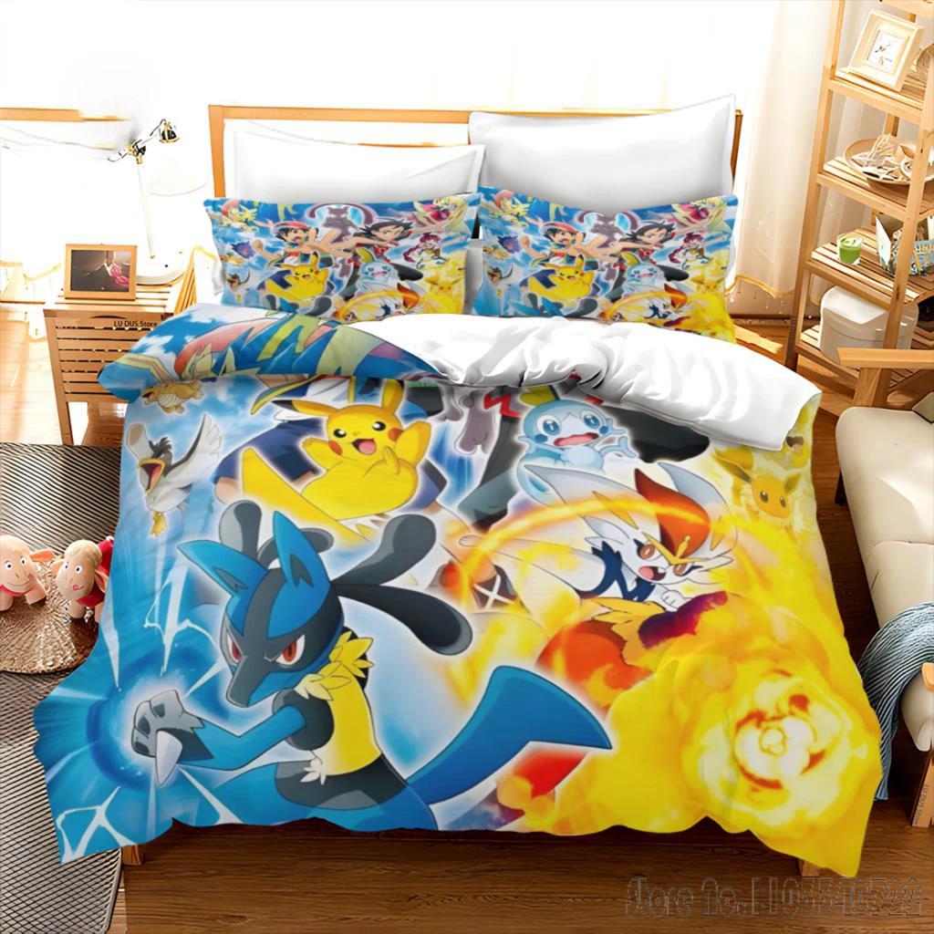 

Pokemon Bedding Set Cartoon Anime Children Bedroom Quilt Cover Boy Girl Bedclothes Single Double King Pikachu Duvet Cover Gift US Twin(172*218cm)3pcs