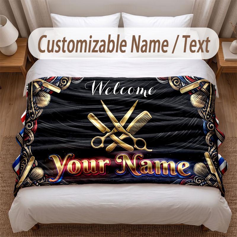 Barber Salon Theme Soft Blanket Personalized Custom Name Text Print Warm Blanket Home Sofa Bedroom Decor