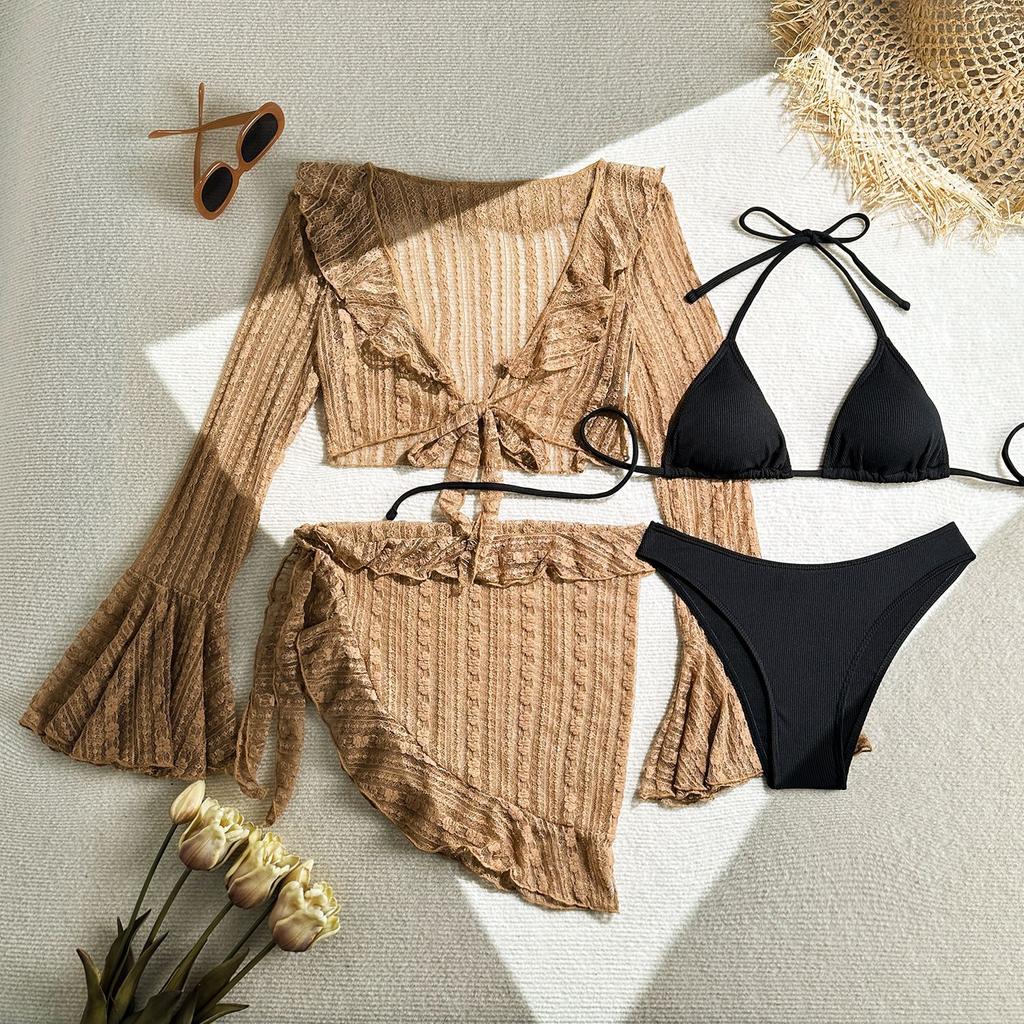 New Sexy Lace Puff Sleeves Four Pieces Bikini Sets Swimsuit For Women Long Sleeves Swimwear Female Bathing Suits Beachwear