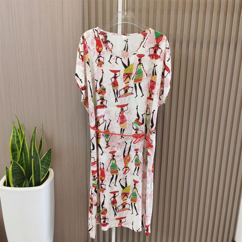 Multi-Color Silk Cotton Dress Home Wear Shoelace round Collar Skirt Special Treatment Rayon Nightdress for Women