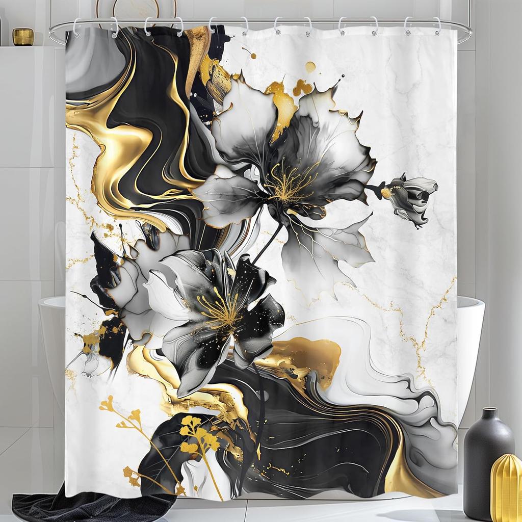 Green Gold Marble Flower Shower Curtain Rose Abstract Modern Floral Luxury Minimalist Ink Texture Men Hooks Fabric Waterproof