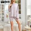 GMXIA Fashion Casual Sportswear Pajamas Women Spring and Autumn Models Solid Colour Long-sleeved Shorts Two-piece Homewear