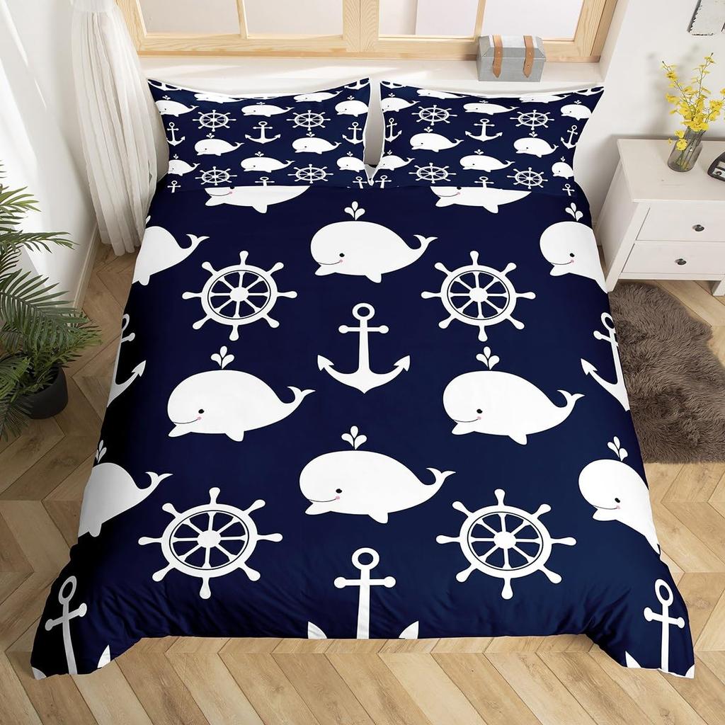 whale and Anchor duvet cover set for teens kids boys queen Lightweight Bedspread Cover bedroom Decor Navy Blue Ocean Bedding Set