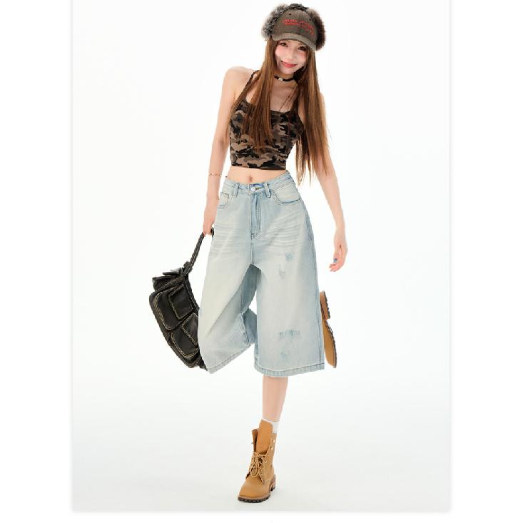 American Retro Cargo Denim Pants Women Fashion Casual Wide Leg Capri Jeans Summer Simple All Match Baggy Jeans