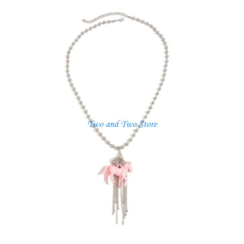 HX6F Playful Horse Pendant Necklace With Elegant Tassels Detail Great Gift For Her Round Bead Neck Chain Jewelry