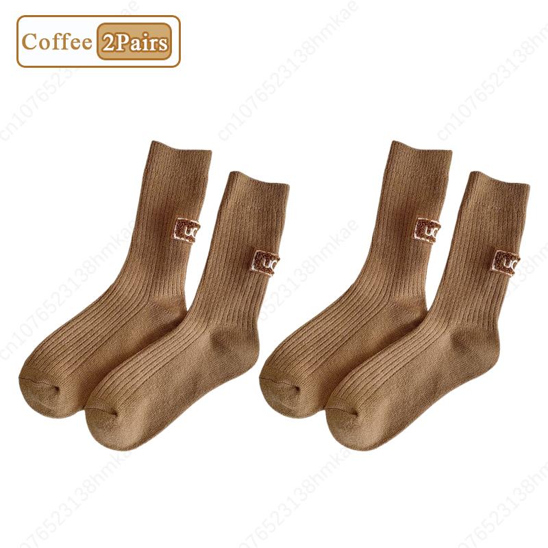 

Зимние теплые утолщенные носки с подкладкой, однотонные носки до середины икры с вышитым логотипом, носки для отдыха с ворсом, женские носки до середины икры, защищающие от холода 2pairs