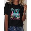 Plus Size - Fashionable Camping Outfit Featuring a 'Happy Camper' Design with a Camper Graphic, Plus-Size Women'S Casual Round-Neck T