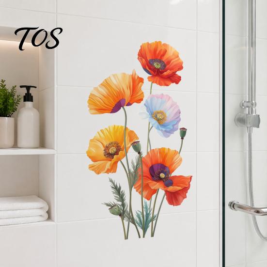 Waterproof Floral Window Clings 2Pcs Watercolor Flower Wall Stickers, PVC Decals, Peel And Stick DIY Murals for Home Art Decor, Removable Orange Vinyl