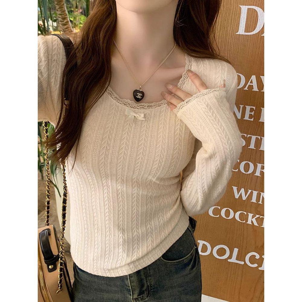 2025 Women's High-End Lace Base Long-Sleeve Bow Shirt, White - Perfect for Spring and Autumn