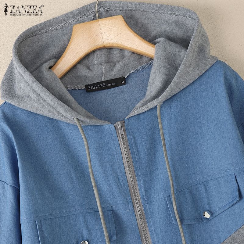 ZANZEA Women Casual Hoodies Long Sleeve Patchwork Zipper Sweatshirt Outwaear